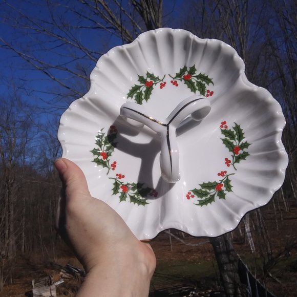 Porcelain three section Relish candy Christmas dish Holly Gold Trim - Picture 5 of 15